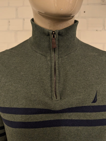 Nautica Quarter Zip trui met korte rits. Groen Blauw gestreept. Maat M.