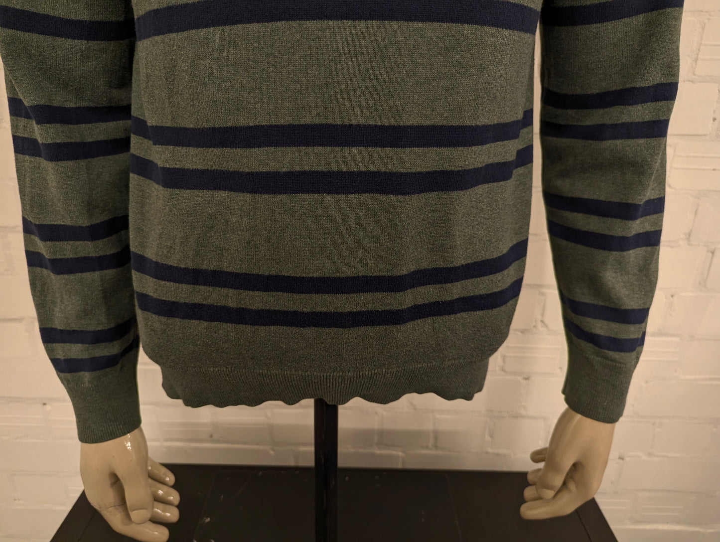 Nautica Quarter Zip trui met korte rits. Groen Blauw gestreept. Maat M.