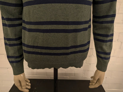Nautica Quarter Zip trui met korte rits. Groen Blauw gestreept. Maat M.