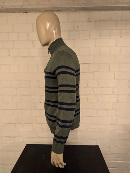 Nautica Quarter Zip trui met korte rits. Groen Blauw gestreept. Maat M.