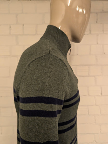 Nautica Quarter Zip trui met korte rits. Groen Blauw gestreept. Maat M.