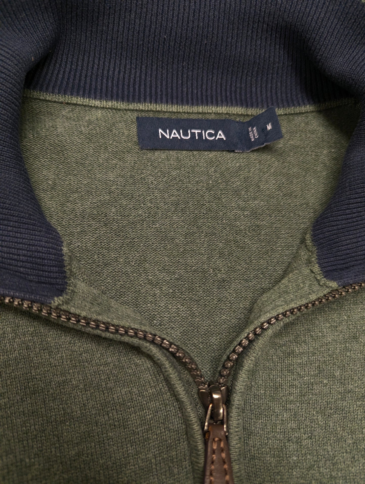 Nautica Quarter Zip trui met korte rits. Groen Blauw gestreept. Maat M.