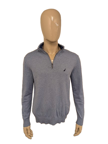 Nautica Quarter Zip trui met korte rits. Blauw gemêleerd. Maat L.