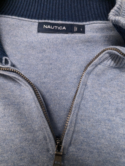 Nautica Quarter Zip trui met korte rits. Blauw gemêleerd. Maat L.