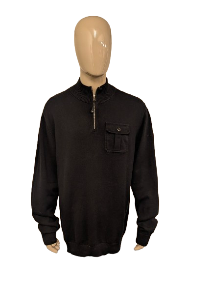 Nautica Quarter Zip trui met rits en borstzak en elleboogstukken. Zwart gekleurd. Maat 2XL / XXL.