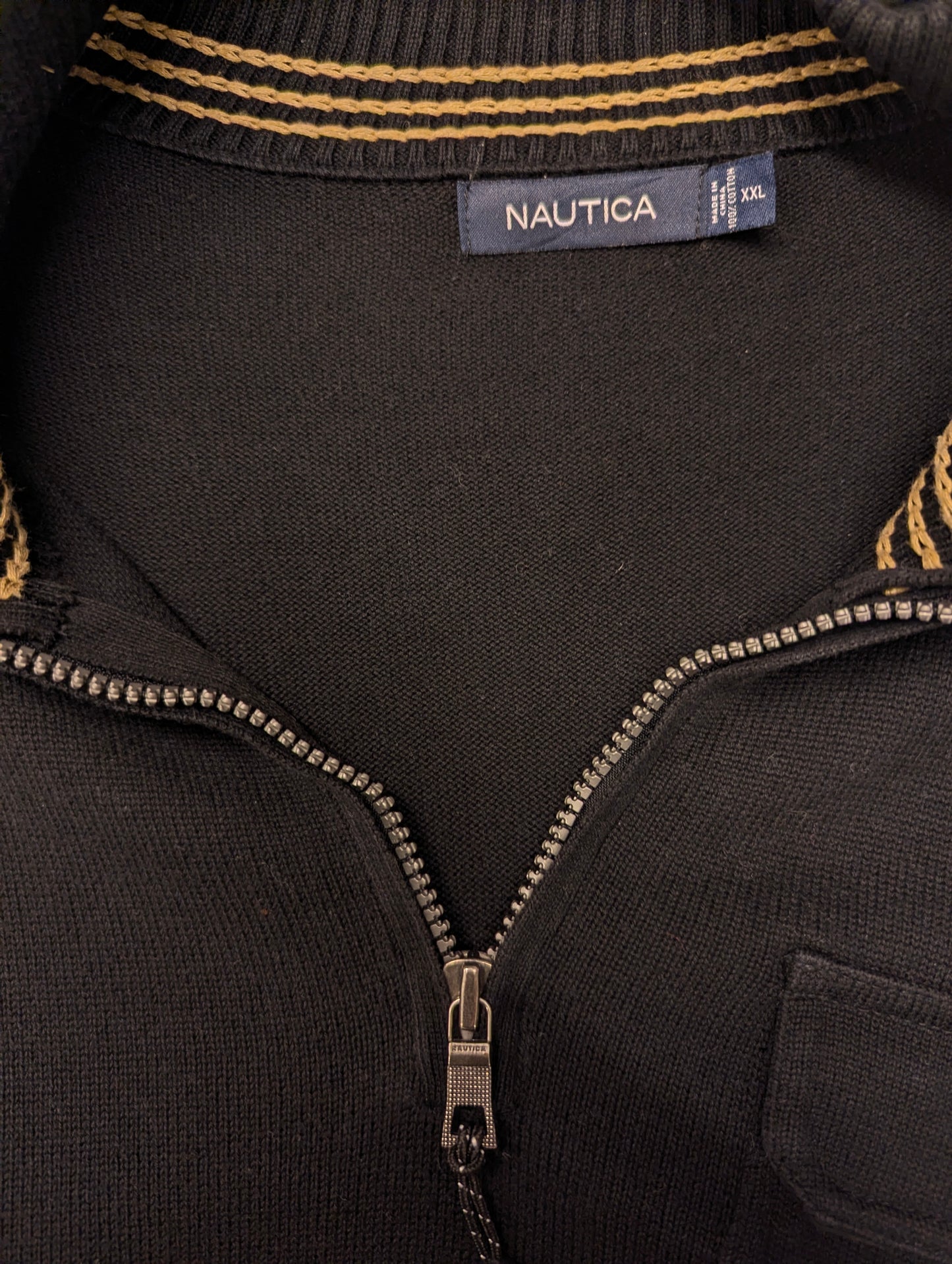 Nautica Quarter Zip trui met rits en borstzak en elleboogstukken. Zwart gekleurd. Maat 2XL / XXL.