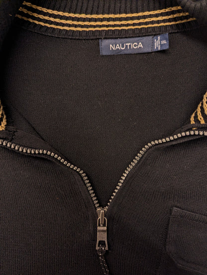Nautica Quarter Zip trui met rits en borstzak en elleboogstukken. Zwart gekleurd. Maat 2XL / XXL.