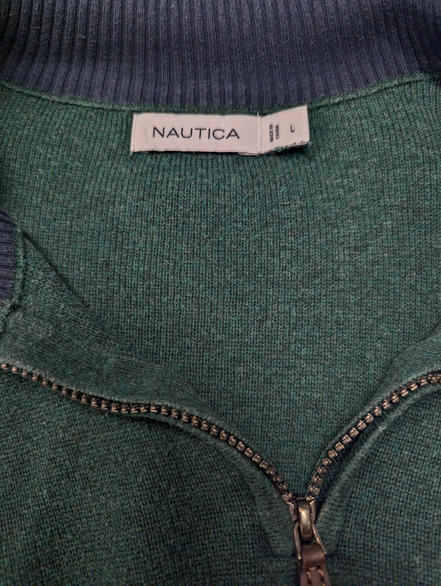 Nautica Quarter Zip trui met korte rits. Groen Blauw gemêleerd. Maat L.