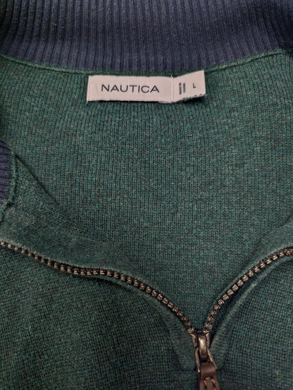 Nautica Quarter Zip trui met korte rits. Groen Blauw gemêleerd. Maat L.