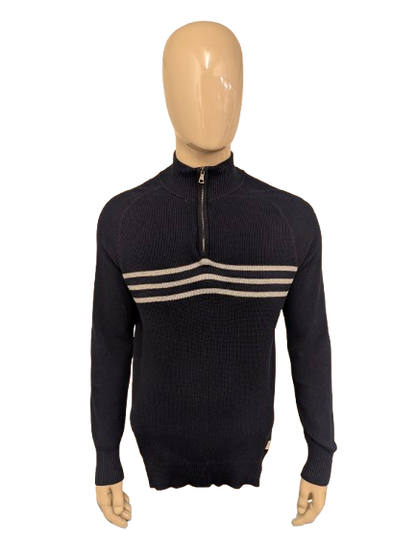 Nautica Jeans Quarter Zip trui met korte rits. Blauw Grijs gestreept. Maat L.