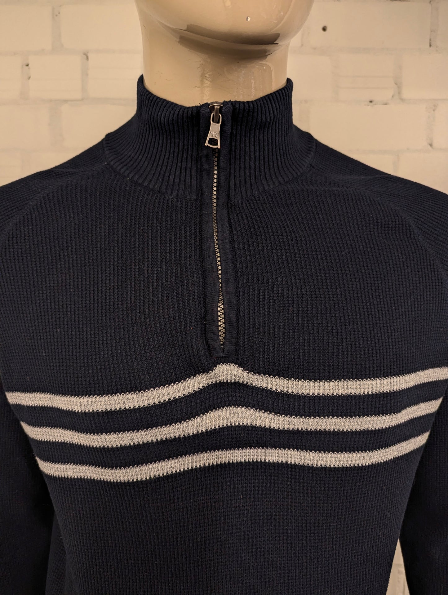 Nautica Jeans Quarter Zip trui met korte rits. Blauw Grijs gestreept. Maat L.