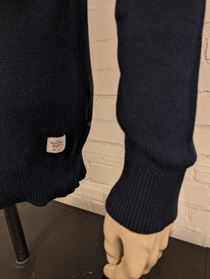 Nautica Jeans Quarter Zip trui met korte rits. Blauw Grijs gestreept. Maat L.