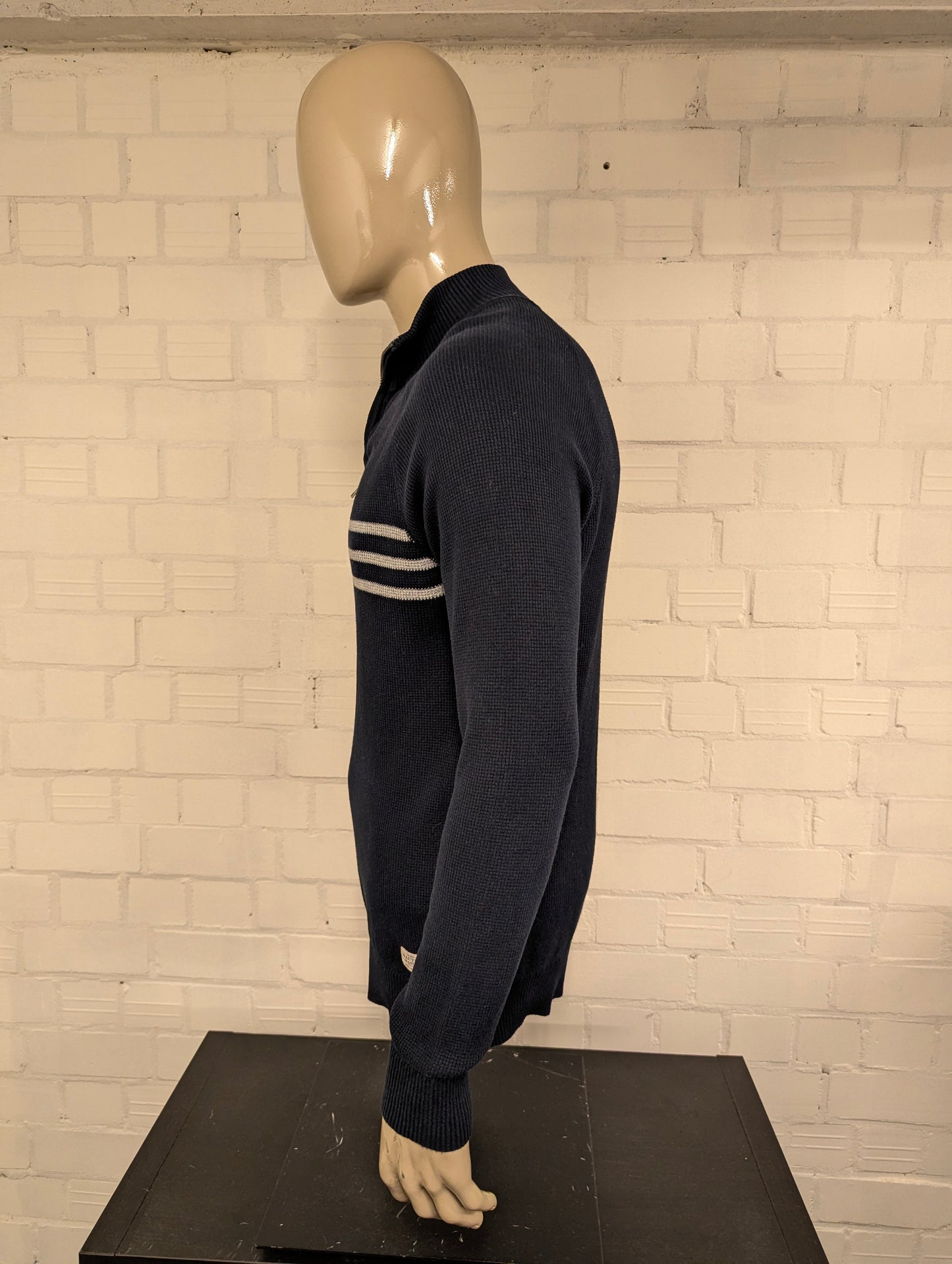 Nautica Jeans Quarter Zip trui met korte rits. Blauw Grijs gestreept. Maat L.