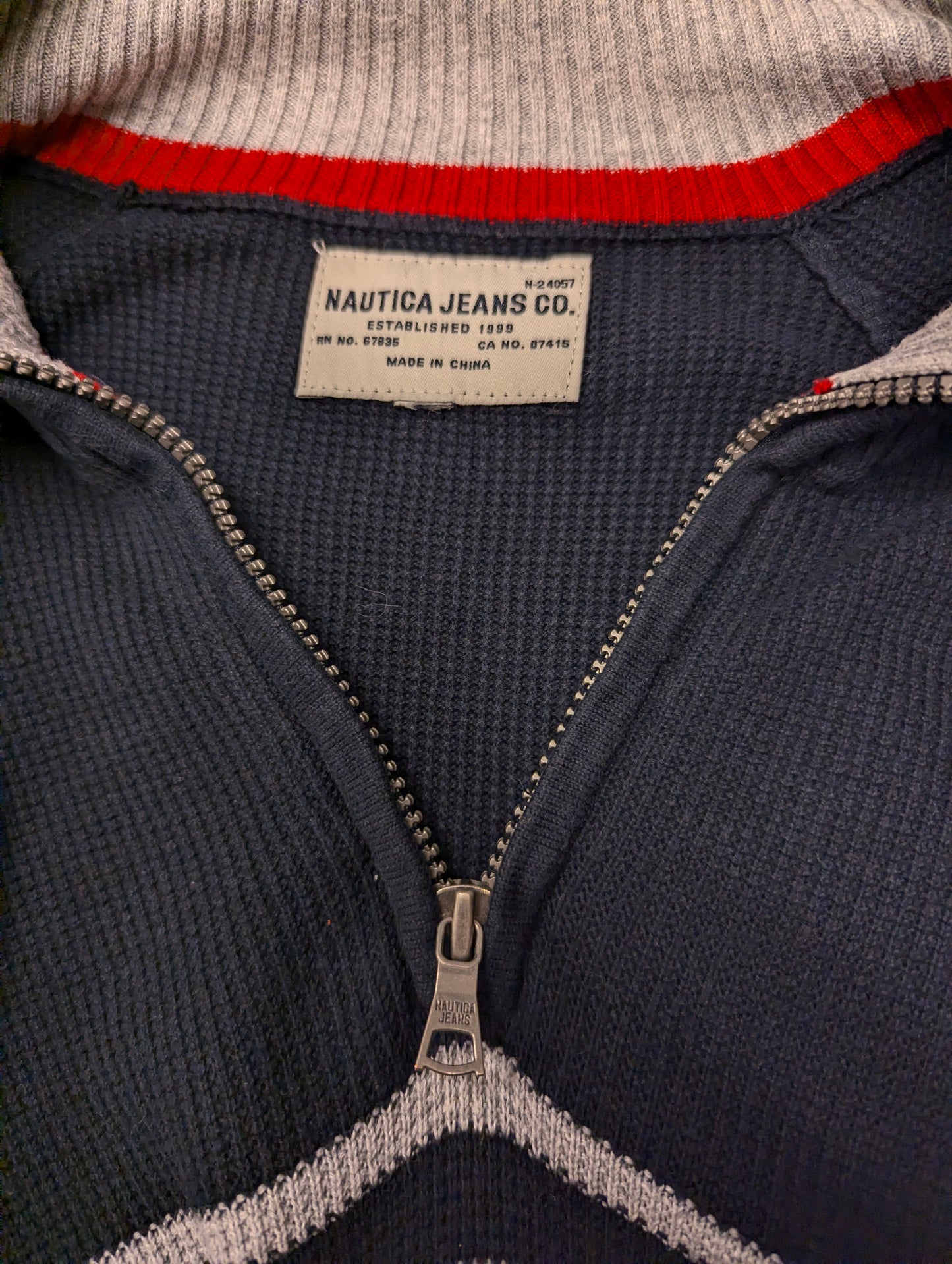 Nautica Jeans Quarter Zip trui met korte rits. Blauw Grijs gestreept. Maat L.