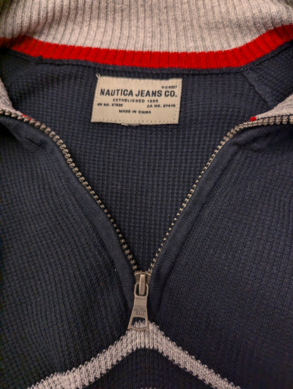 Nautica Jeans Quarter Zip trui met korte rits. Blauw Grijs gestreept. Maat L.