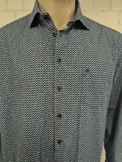 Ledub overhemd. Wit Blauw Bruine print. Maat 2XL / XXL. modern fit.