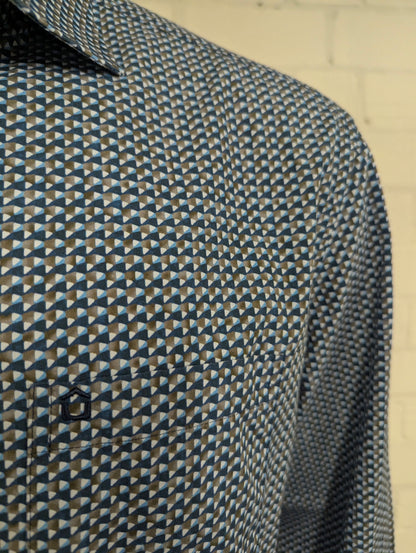 Ledub overhemd. Wit Blauw Bruine print. Maat 2XL / XXL. modern fit.