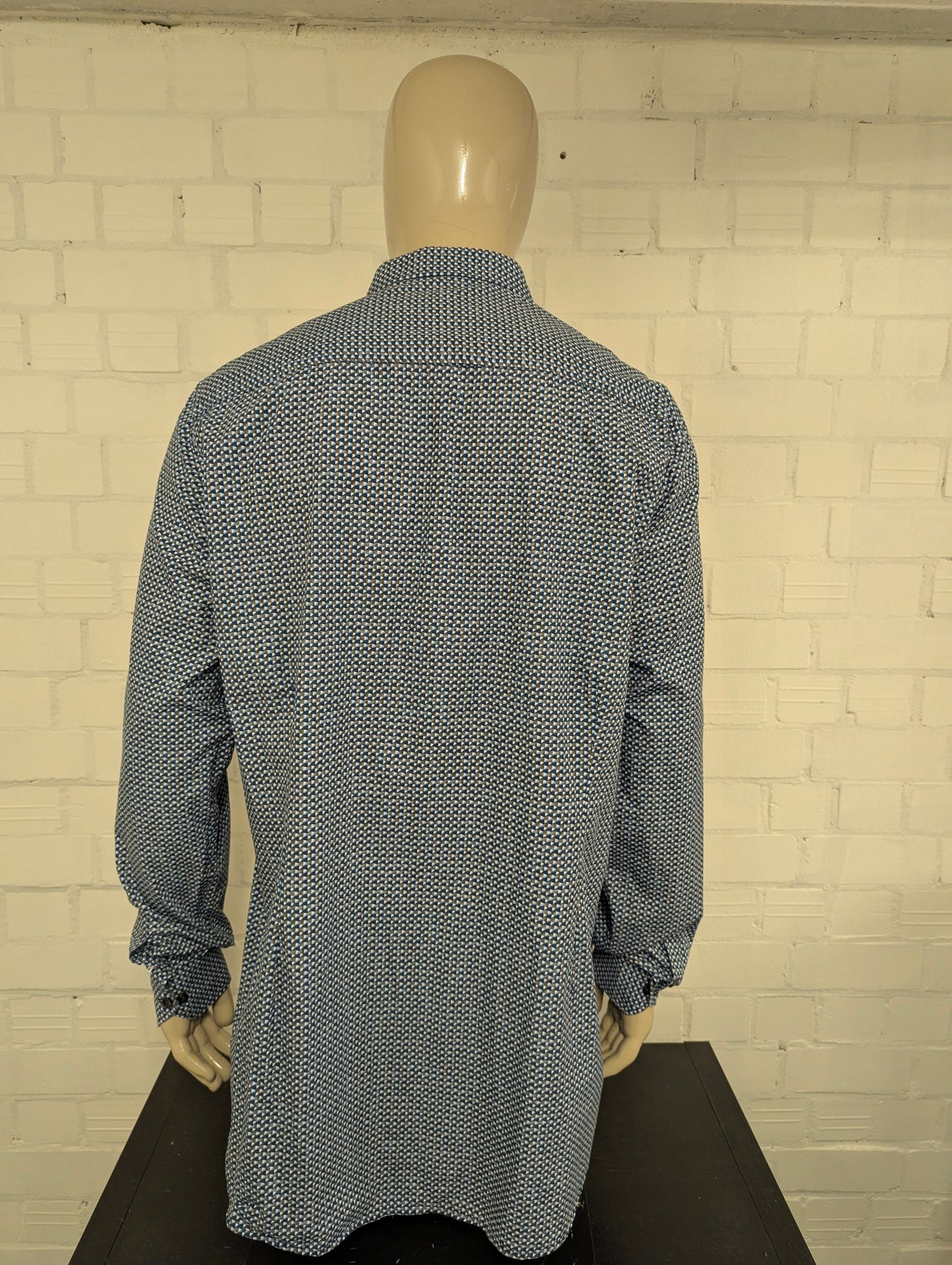Ledub overhemd. Wit Blauw Bruine print. Maat 2XL / XXL. modern fit.