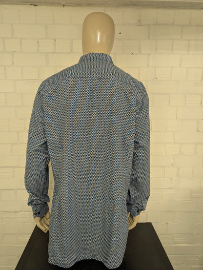 Ledub overhemd. Wit Blauw Bruine print. Maat 2XL / XXL. modern fit.