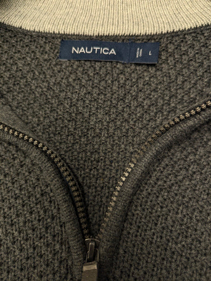 Nautica Quarterzip trui met korte rit. Grijs voelbaar motief. Maat L.