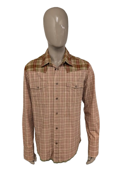 EDC overhemd met drukknopen. Groen Roze Bruin geruit. Western Style. Maat XL.