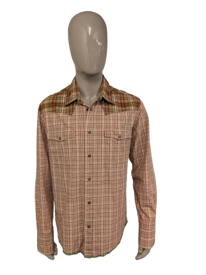 EDC overhemd met drukknopen. Groen Roze Bruin geruit. Western Style. Maat XL.
