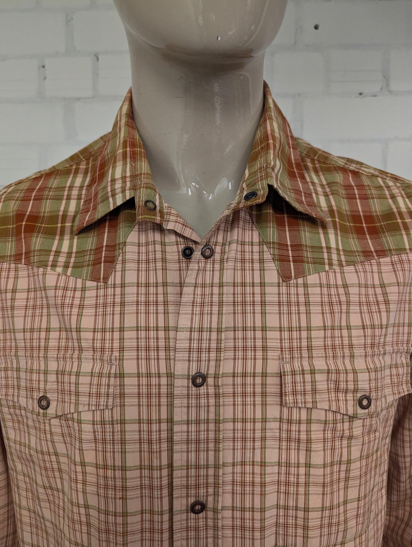 EDC overhemd met drukknopen. Groen Roze Bruin geruit. Western Style. Maat XL.