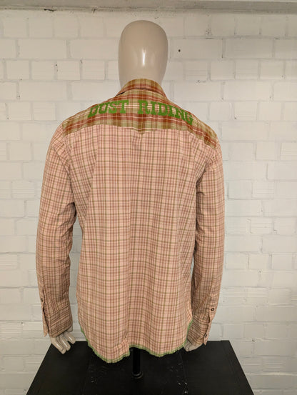 EDC overhemd met drukknopen. Groen Roze Bruin geruit. Western Style. Maat XL.