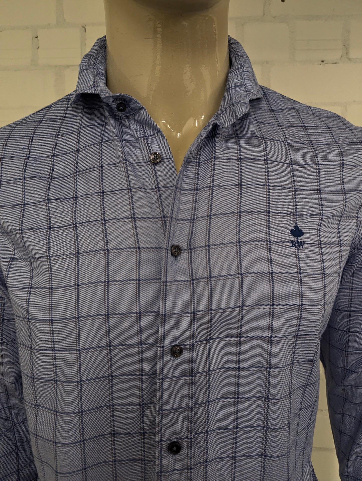 River Woods overhemd met korte kraag. Blauw Grijs geruit. Maat M. slim fit.