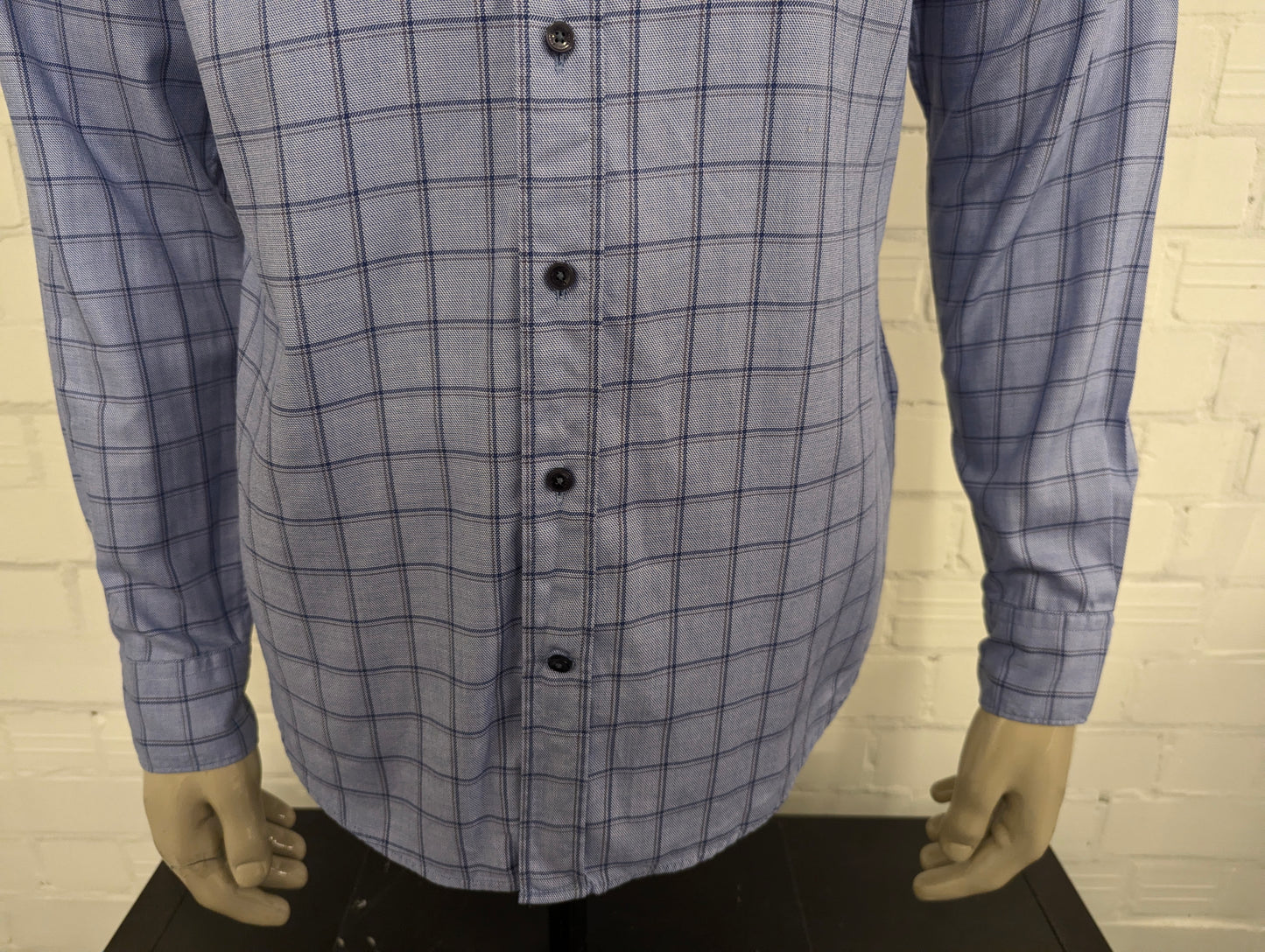 River Woods overhemd met korte kraag. Blauw Grijs geruit. Maat M. slim fit.