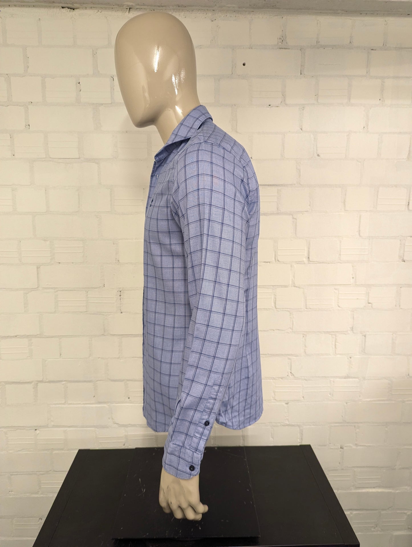 River Woods overhemd met korte kraag. Blauw Grijs geruit. Maat M. slim fit.