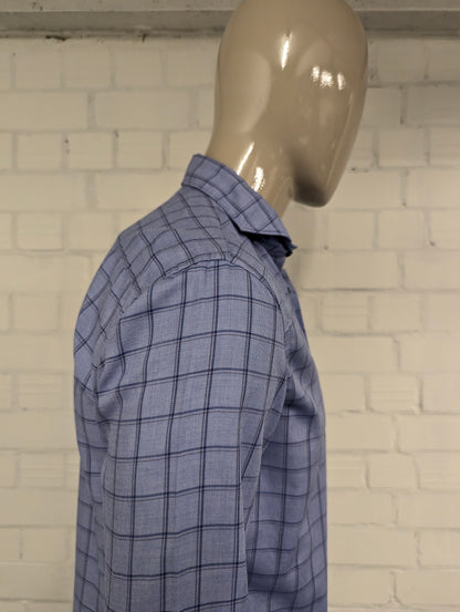 River Woods overhemd met korte kraag. Blauw Grijs geruit. Maat M. slim fit.