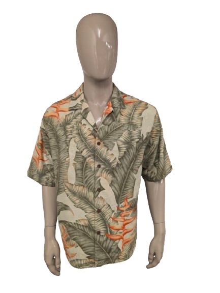 Jamaica Jaxx Zijden Hawaii overhemd korte mouw. Groen Oranje print. Maat L / XL.