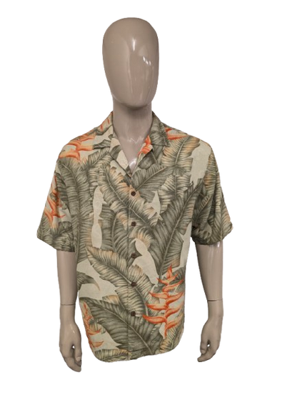 Jamaica Jaxx Zijden Hawaii overhemd korte mouw. Groen Oranje print. Maat L / XL.