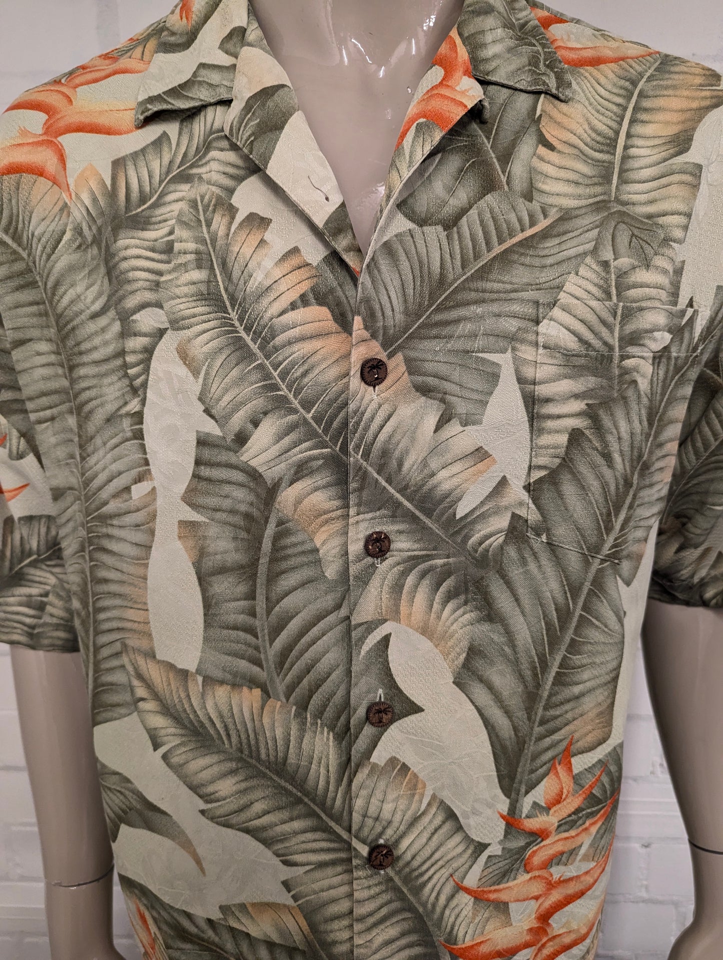 Jamaica Jaxx Zijden Hawaii overhemd korte mouw. Groen Oranje print. Maat L / XL.