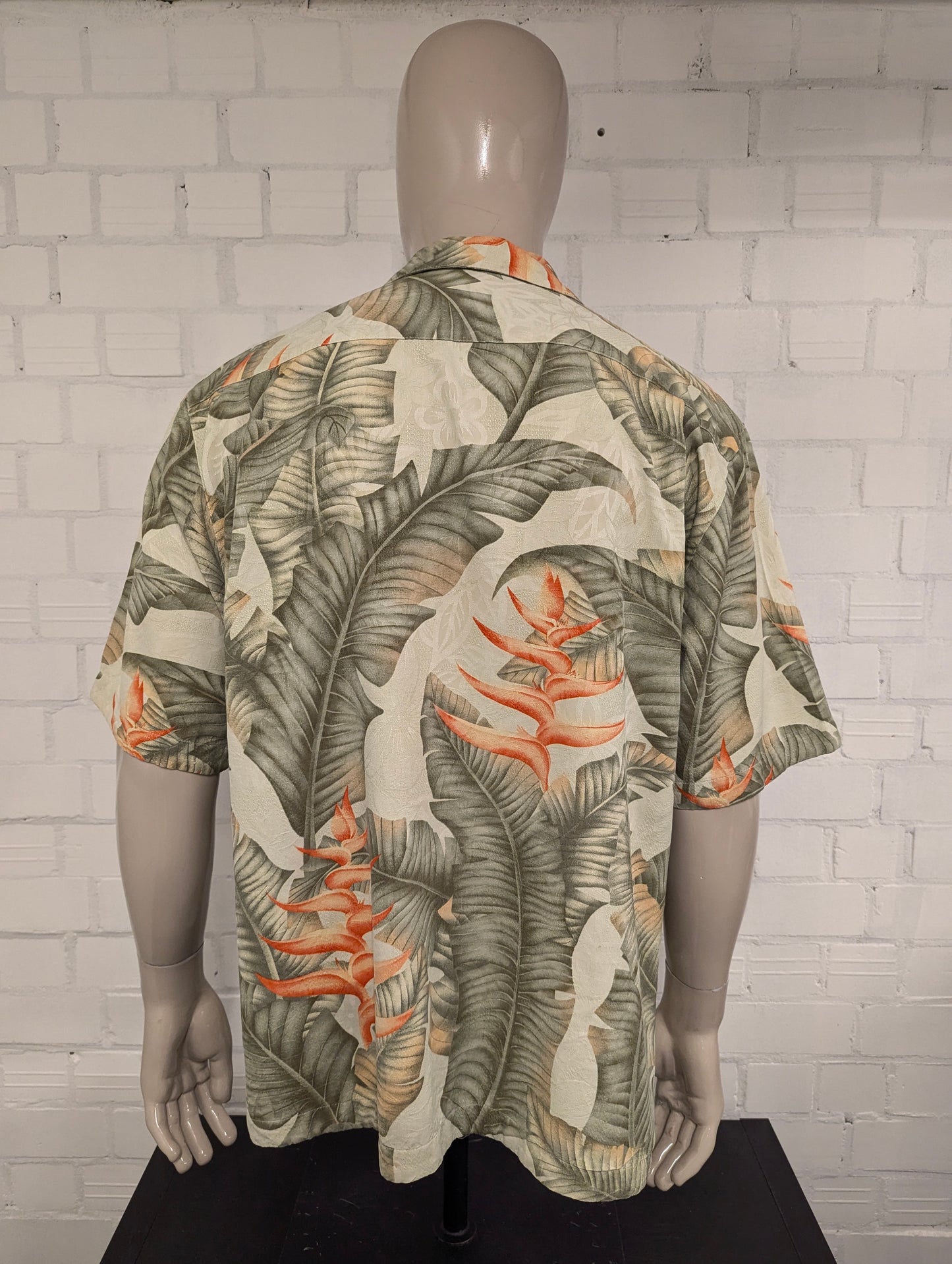 Jamaica Jaxx Zijden Hawaii overhemd korte mouw. Groen Oranje print. Maat L / XL.