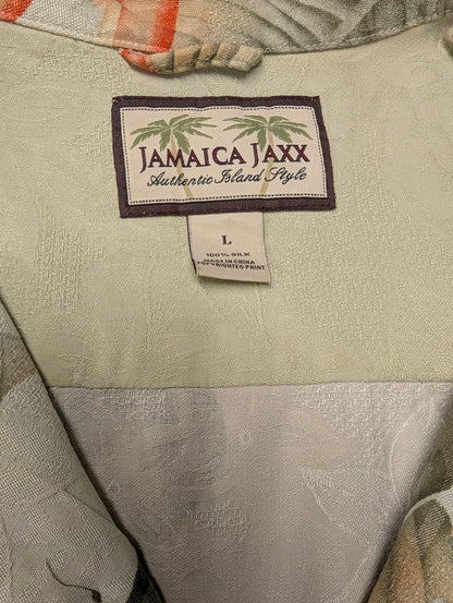 Jamaica Jaxx Zijden Hawaii overhemd korte mouw. Groen Oranje print. Maat L / XL.