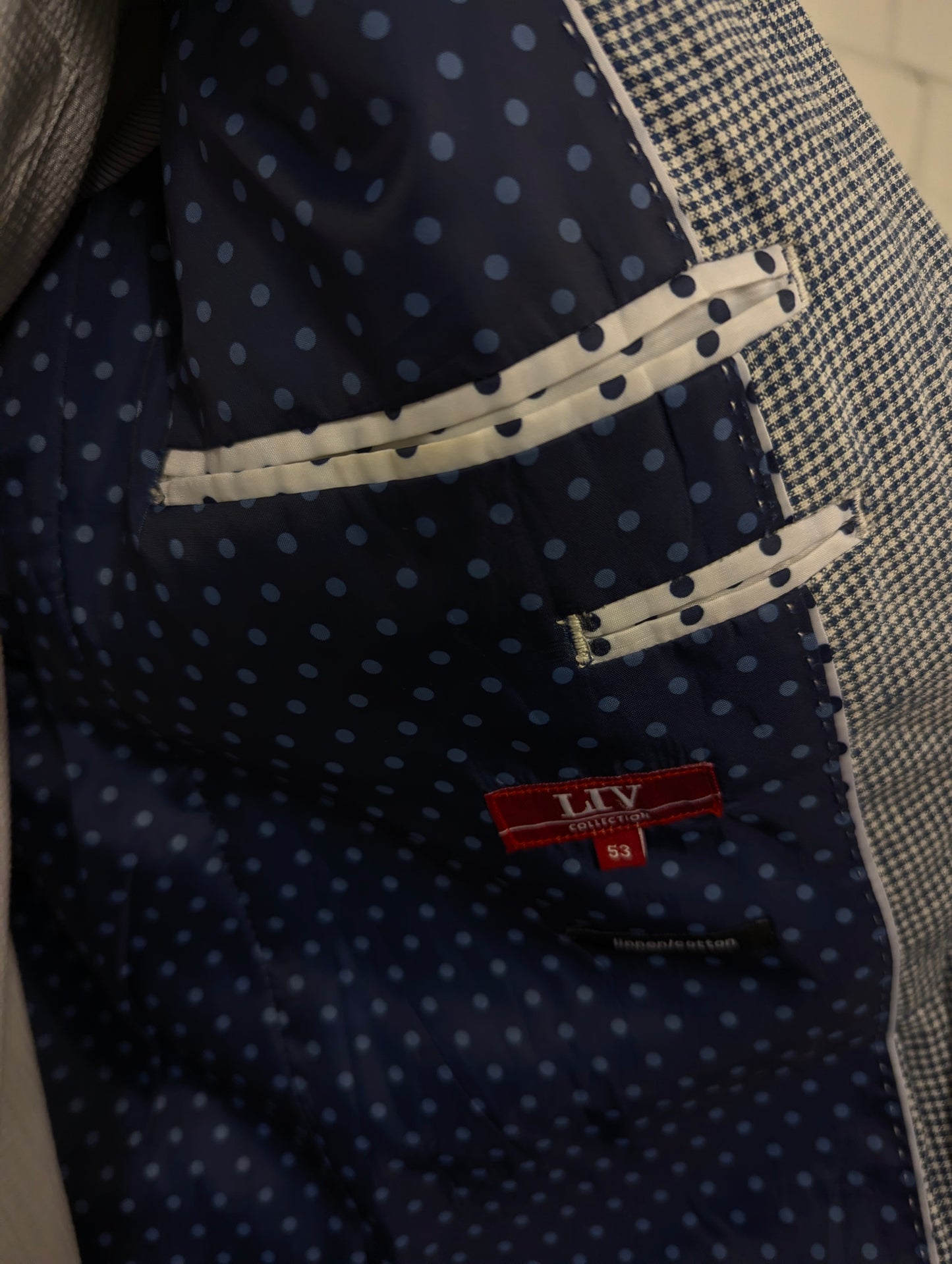 Vintage LIV colbert. Blauw Wit motief. Maat 53 / L.