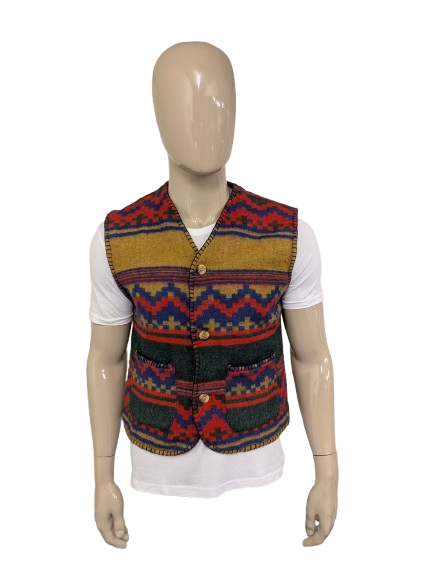 Vintage Como wollen gilet – rood/blauw/geel/groen motief – maat M