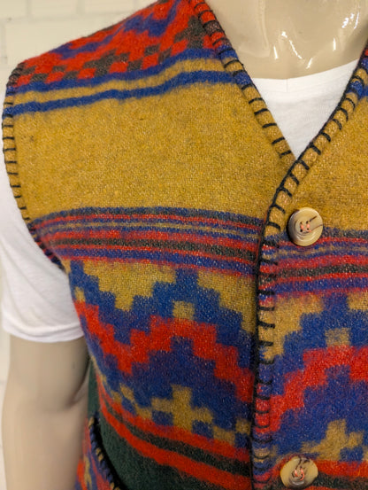 Vintage Como wollen gilet – rood/blauw/geel/groen motief – maat M