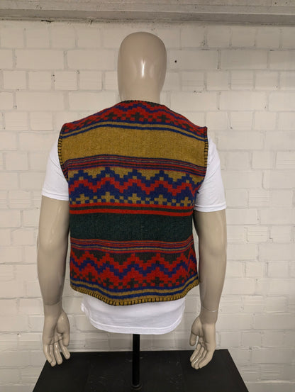 Vintage Como wollen gilet – rood/blauw/geel/groen motief – maat M
