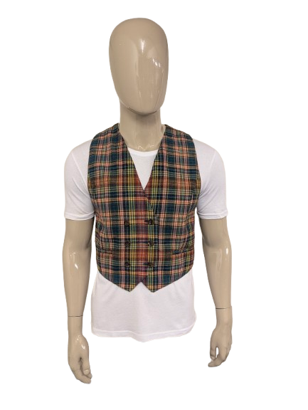 Vintage Tandem double-breasted gilet – rood/groen/geel geruit – maat M
