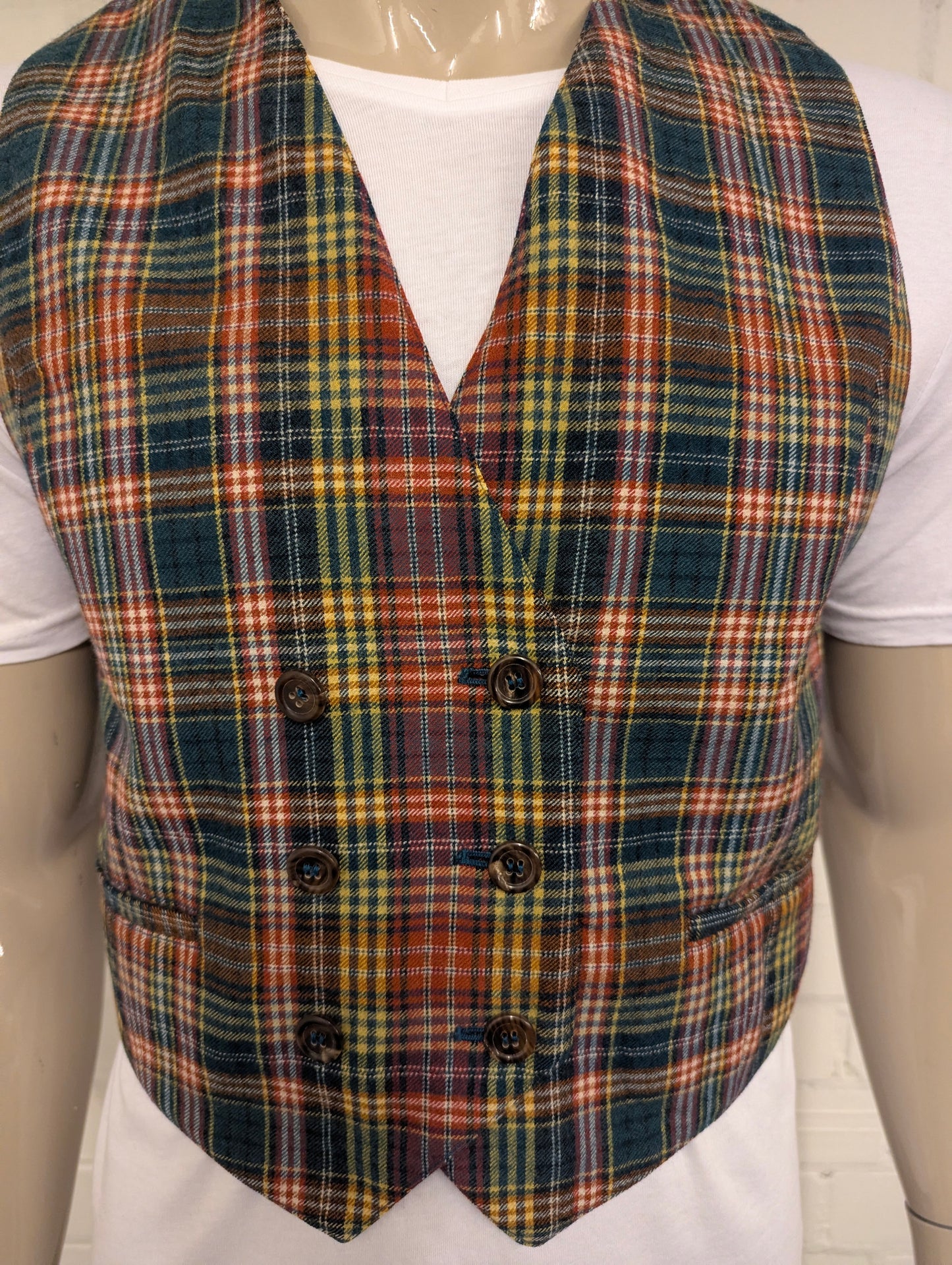 Vintage Tandem double-breasted gilet – rood/groen/geel geruit – maat M