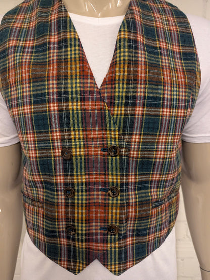 Vintage Tandem double-breasted gilet – rood/groen/geel geruit – maat M