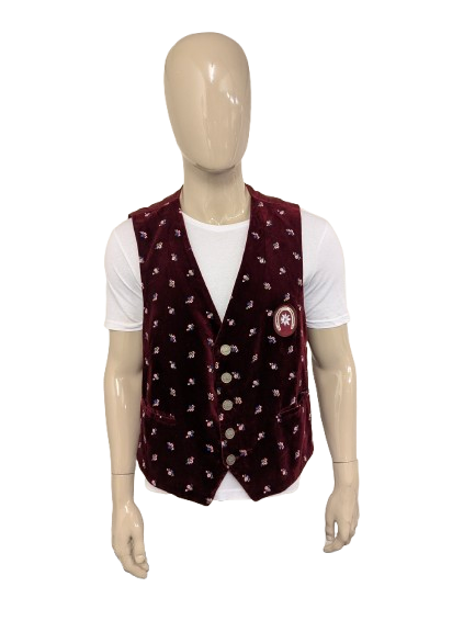 Vintage gilet – bordeaux met roze/groene bloemen – maat XL
