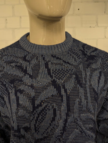 Vintage Council trui met mohair – blauw/grijs motief – maat L