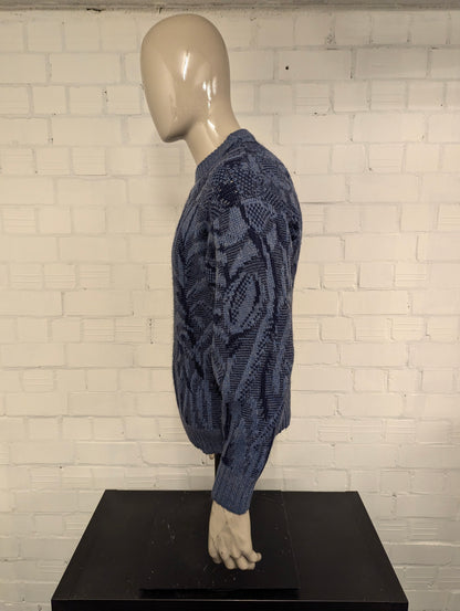 Vintage Council trui met mohair – blauw/grijs motief – maat L