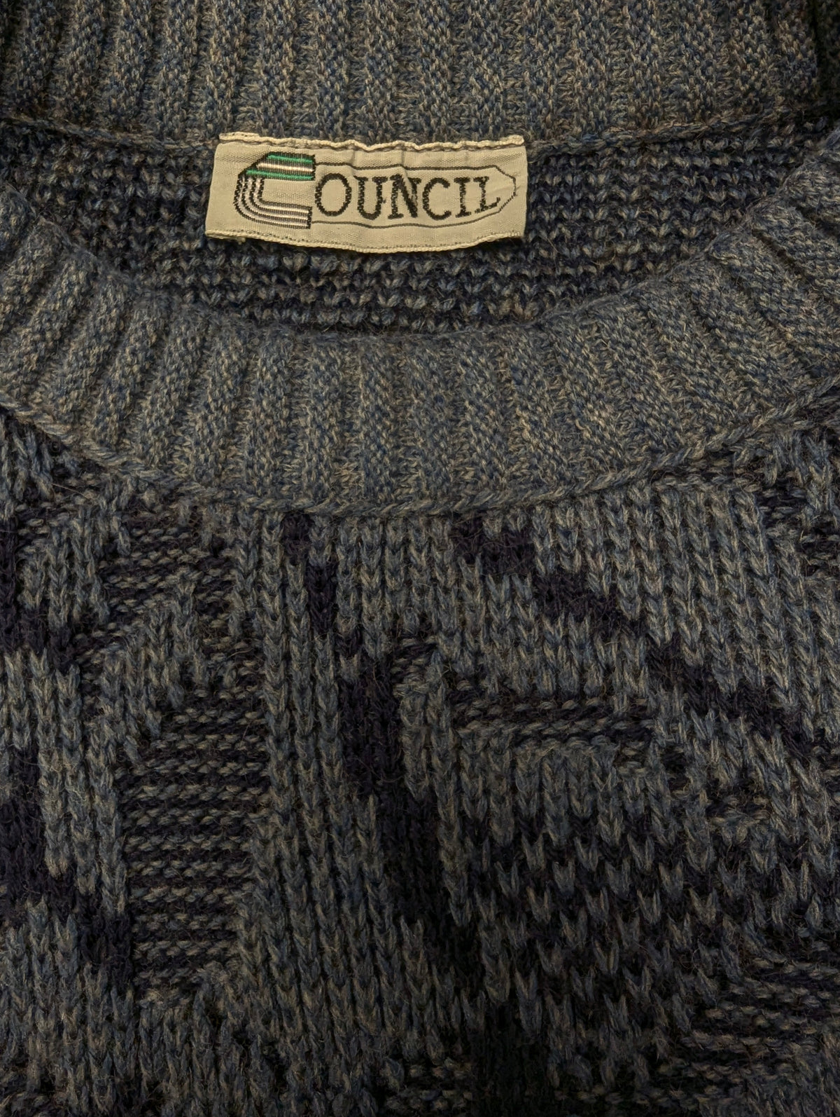 Vintage Council trui met mohair – blauw/grijs motief – maat L