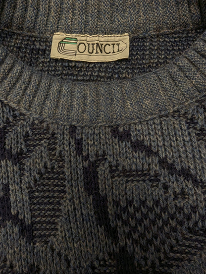 Vintage Council trui met mohair – blauw/grijs motief – maat L
