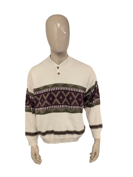 Vintage Fernando wollen trui met knopen – bordeaux/groen/wit – maat L